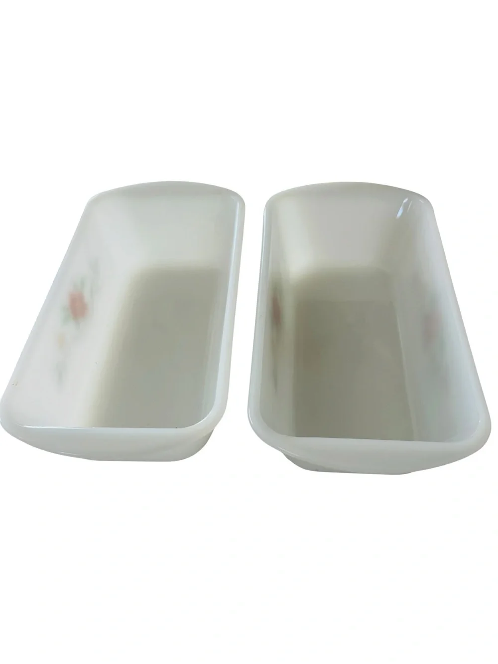 Vintage Glassbake J522 Milk Glass Loaf Bread Pans Set of 2 Red Floral Baking